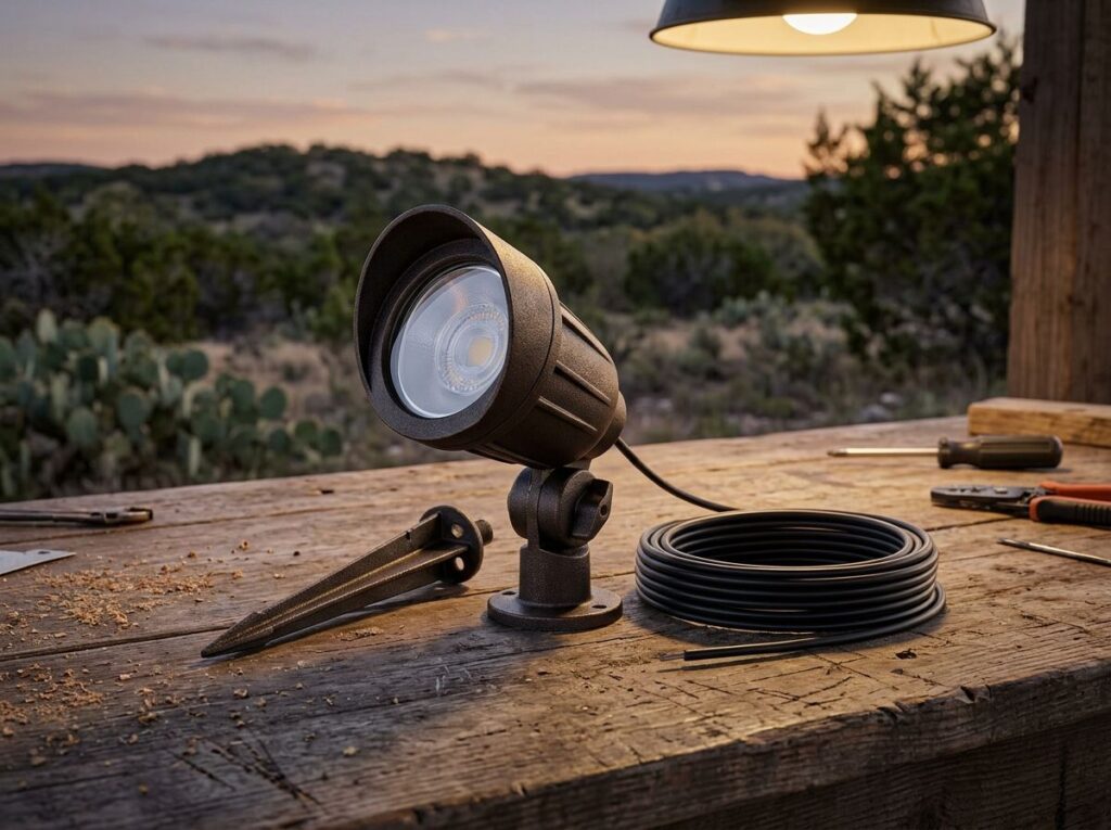 Adjustable Spot Light spotlight landscape lighting fixture in black finish on a ground stake, aimed upward for accenting.