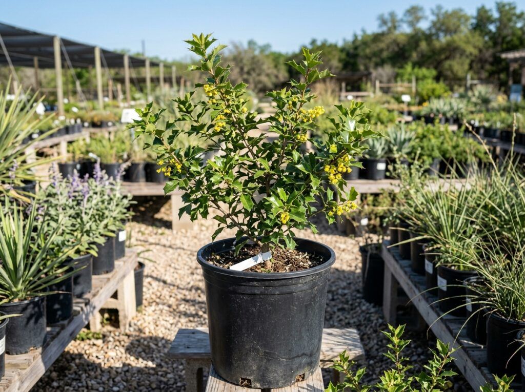 Agarita shrub in black nursery pot with dense, spiny green foliage.