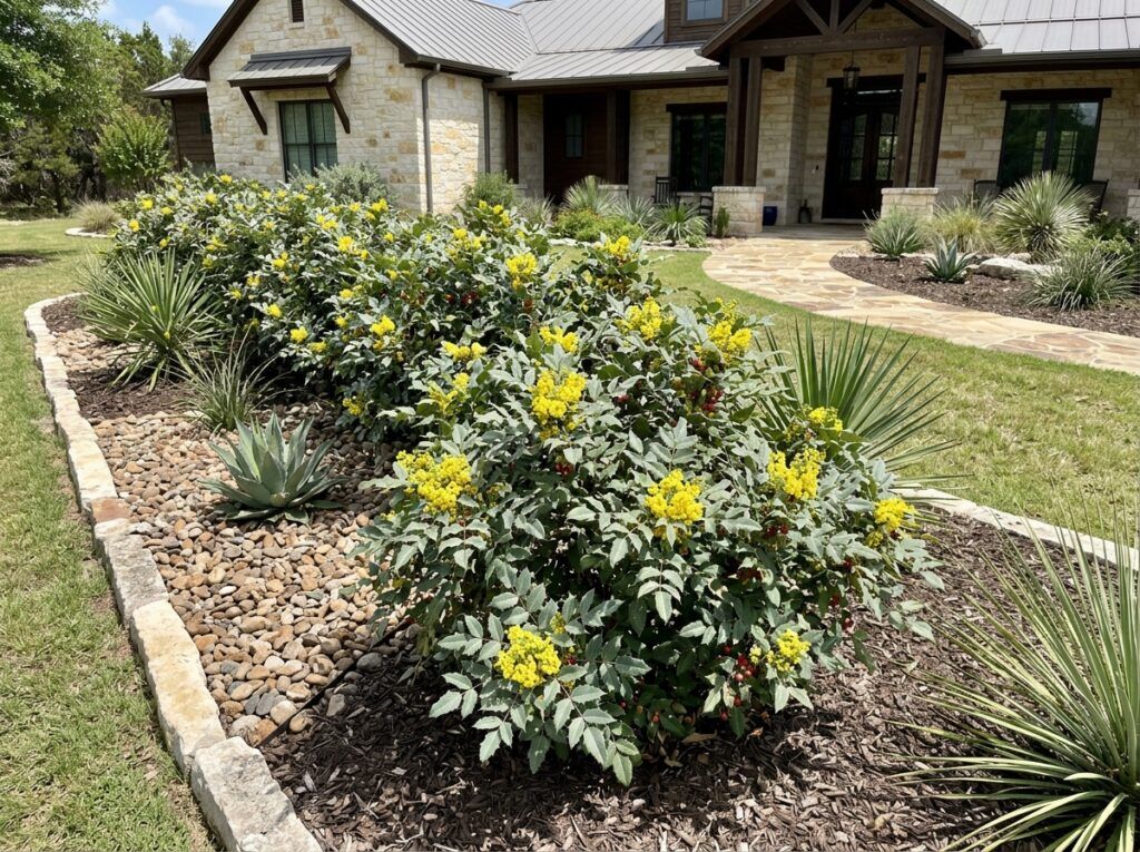 Agarita shrub with dense, spiny blue-green foliage growing in a nursery container.