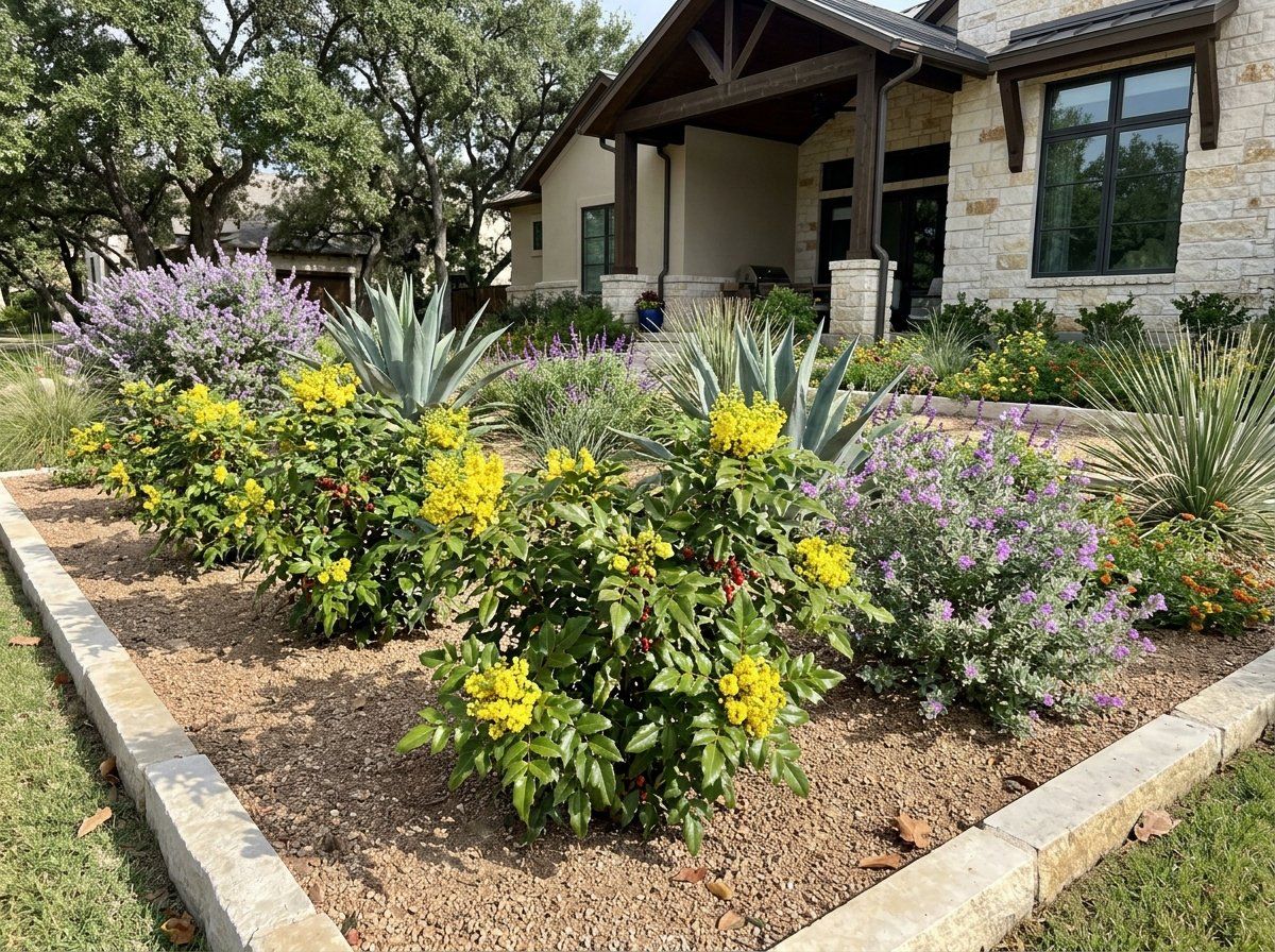 Agarita shrub with glossy, holly-like green leaves and clusters of small yellow flowers growing in a landscape bed.