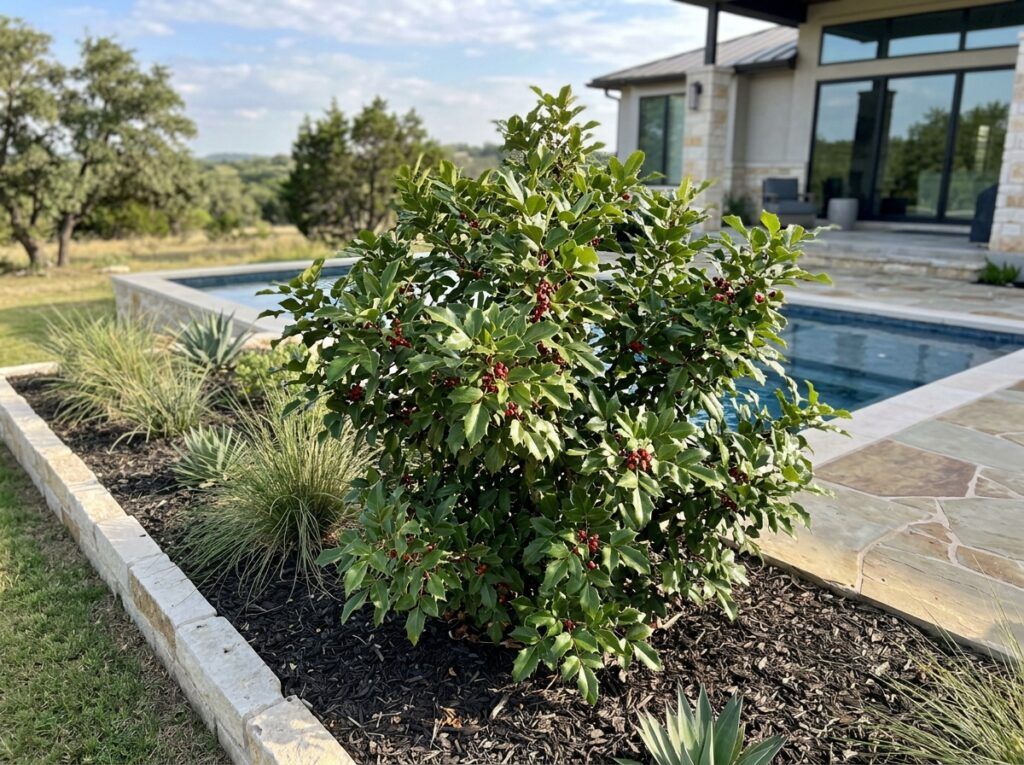 Agarita shrub with spiny, holly-like blue-green leaves growing in a landscape.