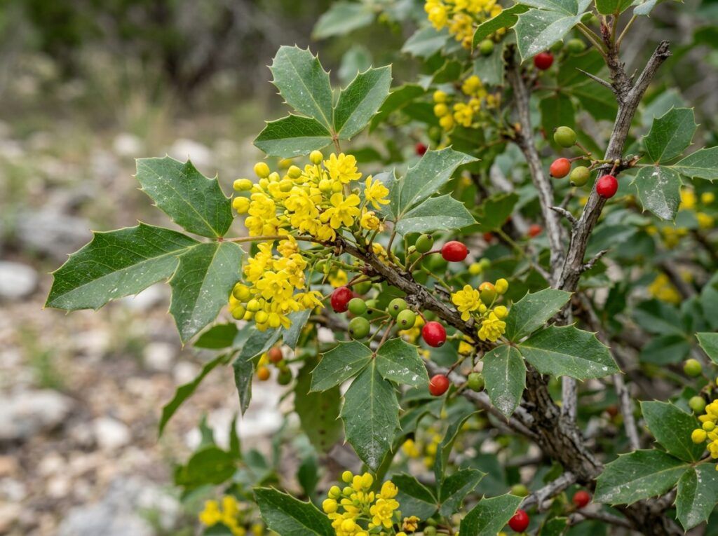 Agarita shrub with spiny, holly-like green leaves shown as a young plant in a nursery container.