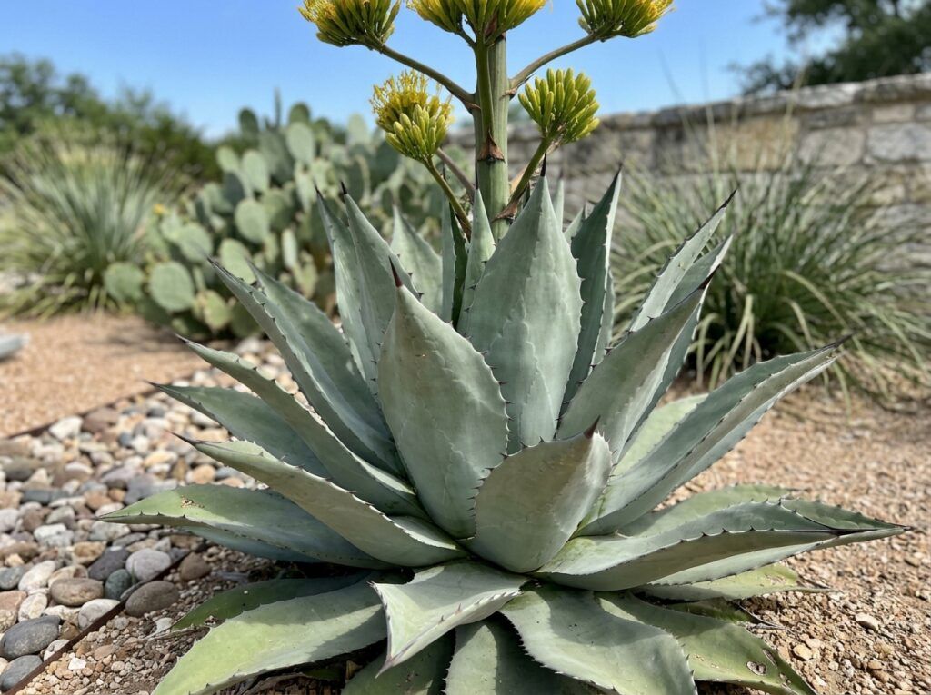 Agave with blue-green spiky rosette leaves growing in a pot against a neutral background.