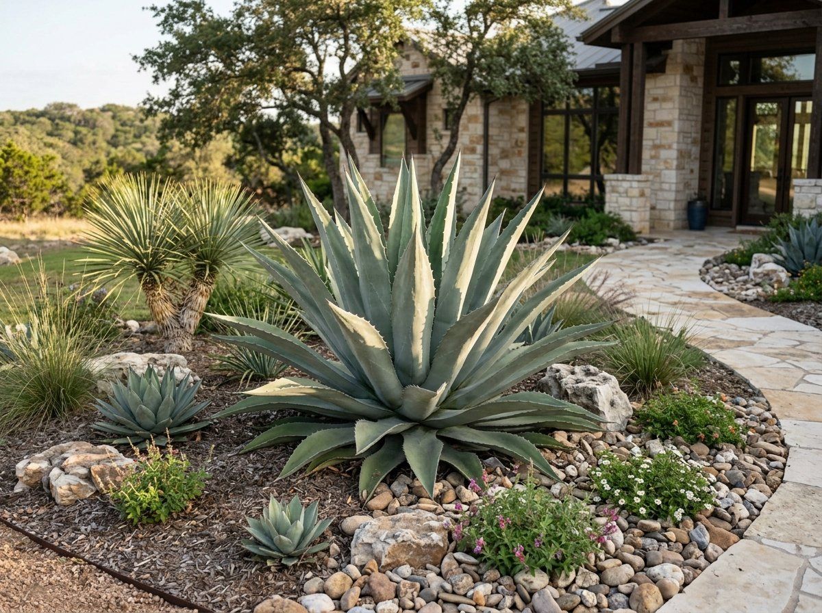 Agave perennial in a container, showing a large blue-green spiky rosette of thick, pointed leaves.