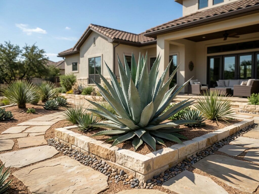 Agave plant in a container with spiky blue-green rosette leaves.