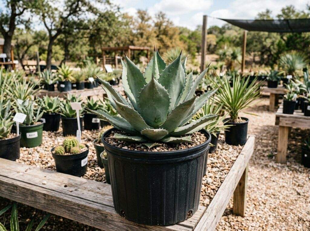 Agave rosette succulent with blue-green spiky leaves in a container on gravel.