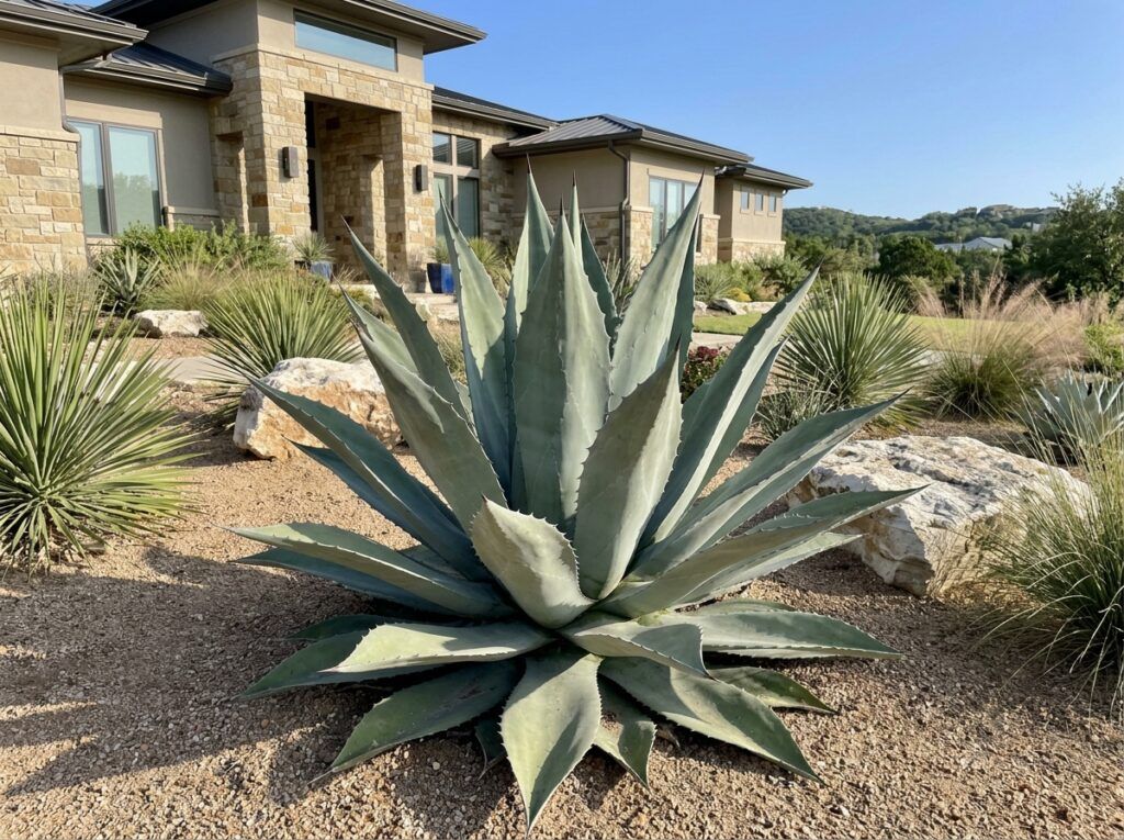 Agave succulent with a blue-green spiky rosette of leaves, shown as a single plant isolated on a white background.