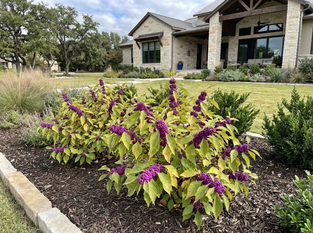 American Beautyberry shrub with arching green branches and clusters of bright purple berries.