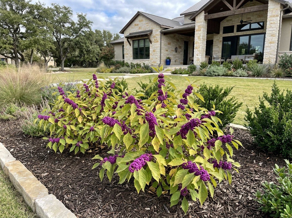 American Beautyberry shrub with arching green branches and clusters of bright purple berries.