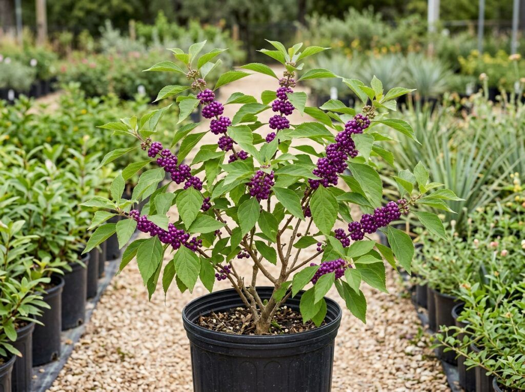 American Beautyberry shrub in a black nursery pot, with green foliage and clusters of bright purple berries.