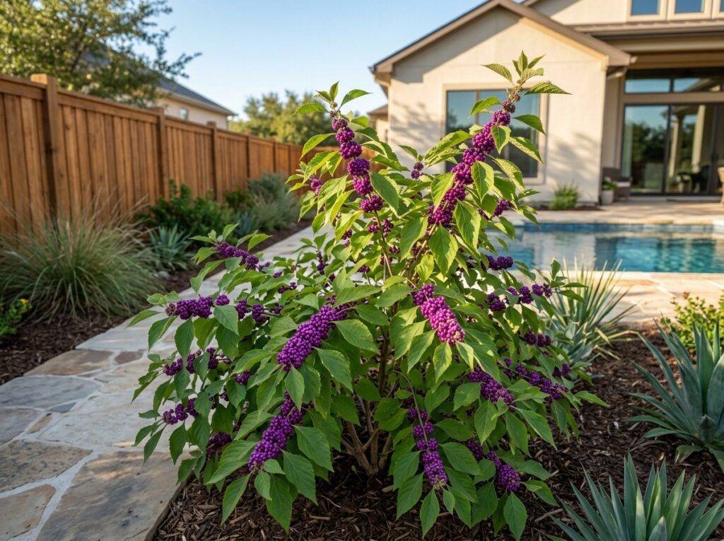 American Beautyberry shrub with clusters of bright purple berries and green leaves in a garden setting.