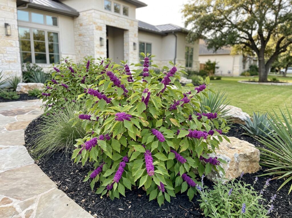 American Beautyberry shrub with arching green branches and clusters of bright purple berries in nursery pot.