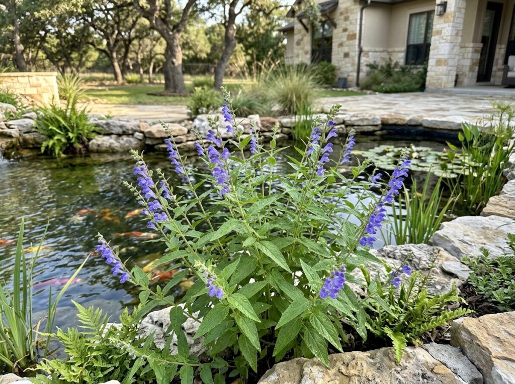 American Skullcap in a nursery pot with slender stems, green leaves, and small purple blooms.