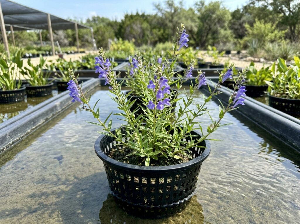 American Skullcap perennial in bloom with small blue-purple flowers and dense green foliage.