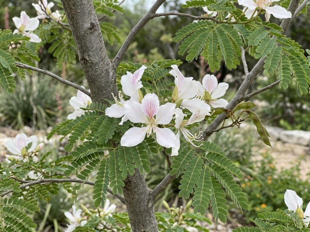 Anacacho Orchid Tree in bloom with pink orchid-like flowers and green foliage.