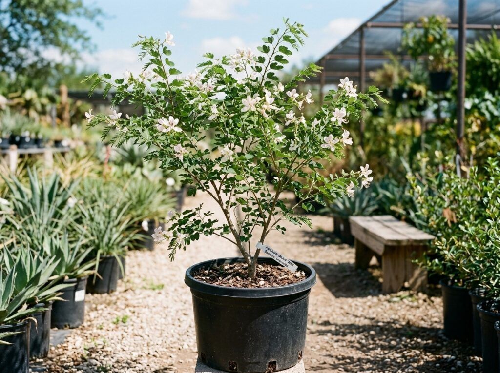 Anacacho Orchid Tree in a black nursery pot, showing a slender trunk and green compound leaves.
