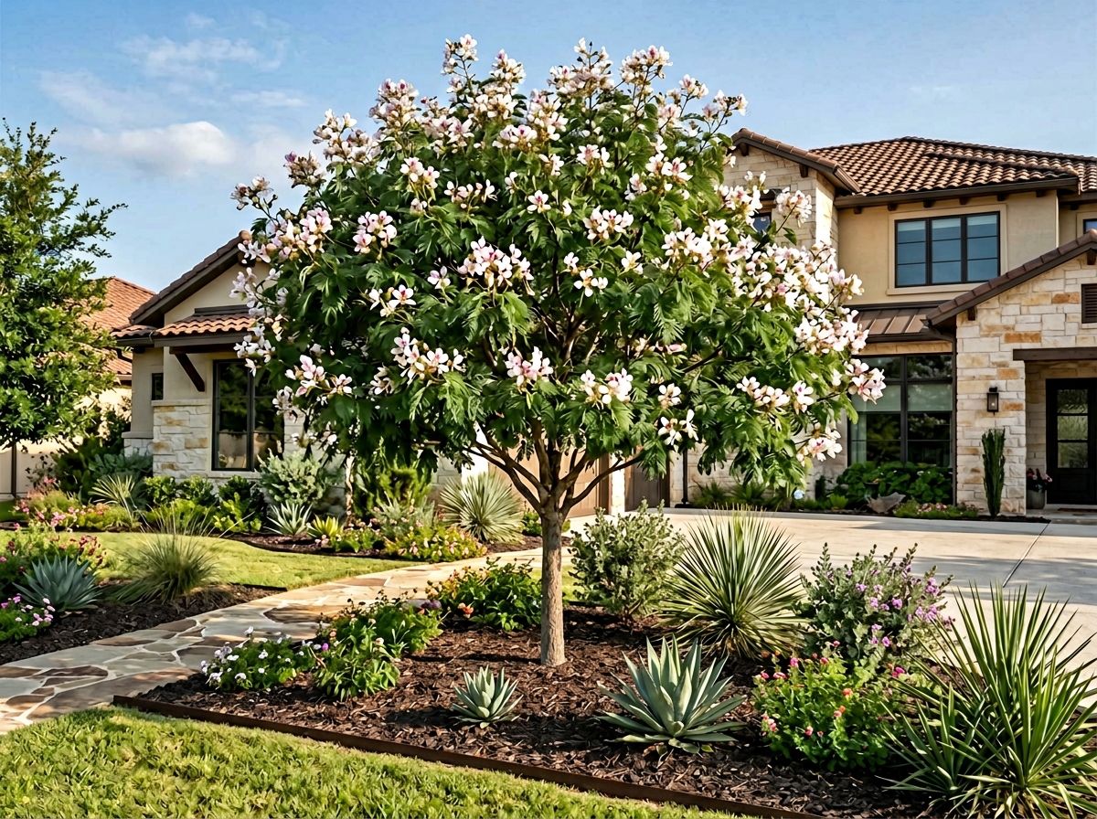 Anacacho Orchid Tree flowering tree with pale pink orchid-like blooms and green foliage against a bright sky.