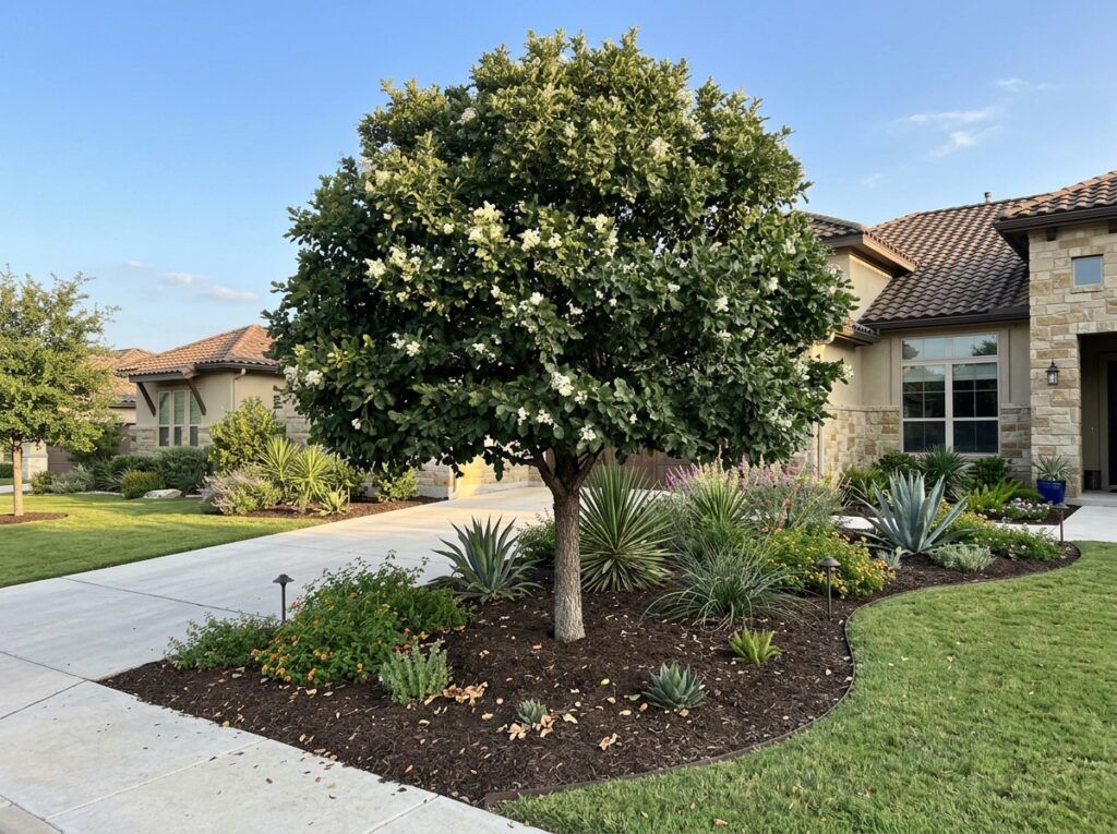 Anaqua tree in a black nursery pot with dense green foliage and multiple stems.