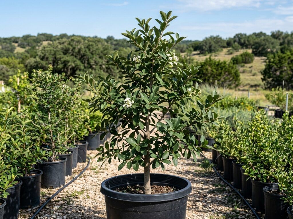 Anaqua tree in a nursery pot, showing a single trunk and dense, glossy green foliage.