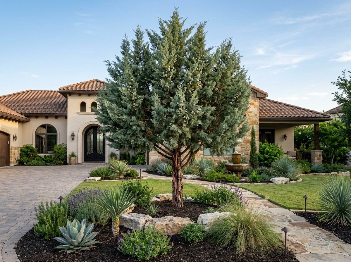 Arizona Cypress tree with blue-green foliage, shown as a dense conical evergreen in a landscape setting.