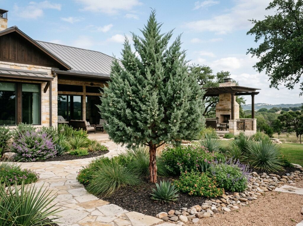 Arizona Cypress tree with silvery blue-green evergreen foliage in a nursery container.
