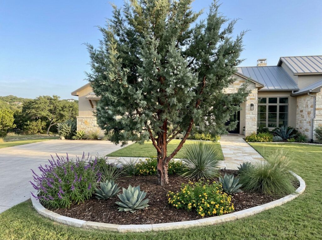 Arizona Cypress tree with dense blue-green conifer foliage growing upright in a nursery container.