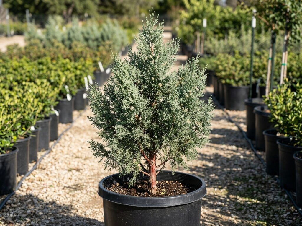 Arizona Cypress tree with dense blue-green evergreen foliage, shown as a mature specimen in landscape.