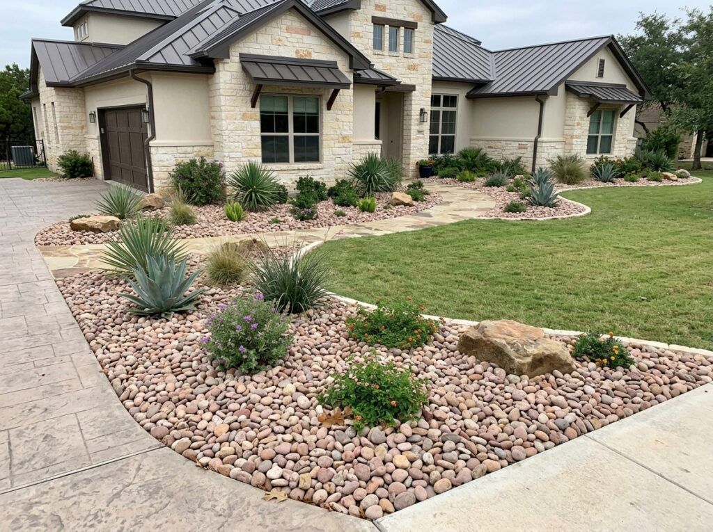 Arizona River Rock river rock ground cover spread in a landscaped bed beside a walkway, rounded tan and gray stones.
