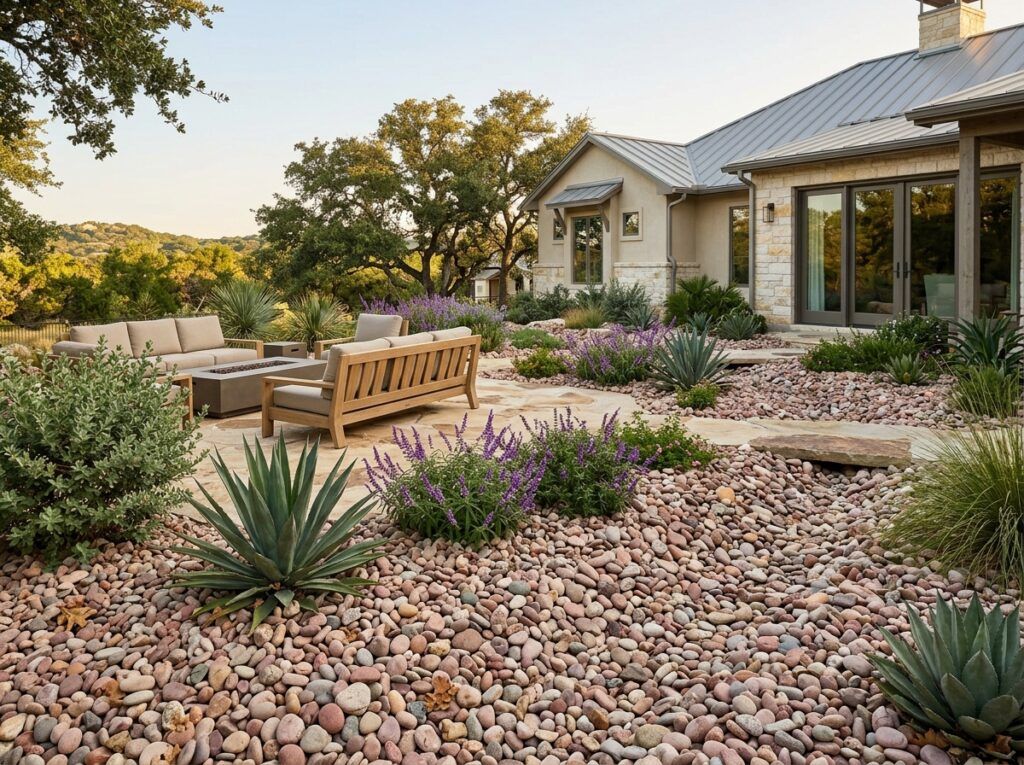 Arizona River Rock river rock ground cover spread in a landscape bed, showing rounded tan and gray stones around plants.