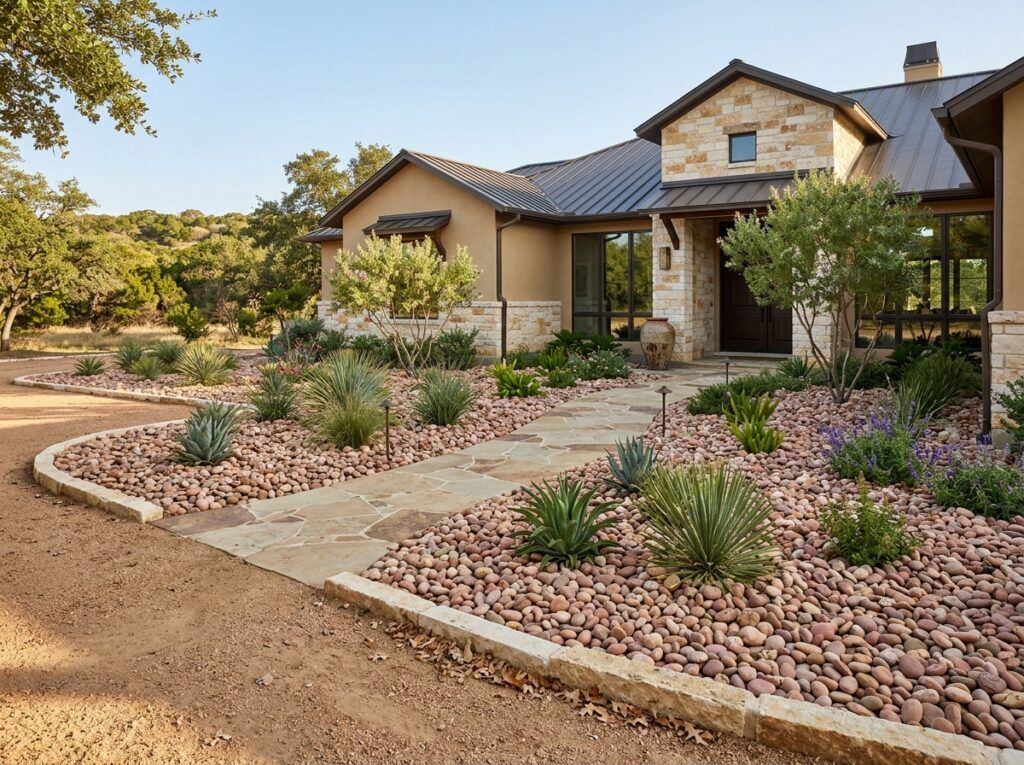 Arizona River Rock river rock ground cover with smooth tan and gray stones spread around landscape plants.