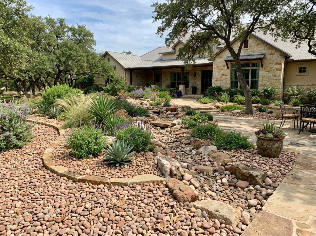 Arizona River Rock ground cover of smooth mixed tan and gray stones spread in a landscaped bed.
