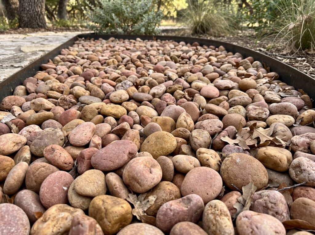 Arizona River Rock river rock ground cover in mixed tan and gray pebbles spread in a landscaping bed.