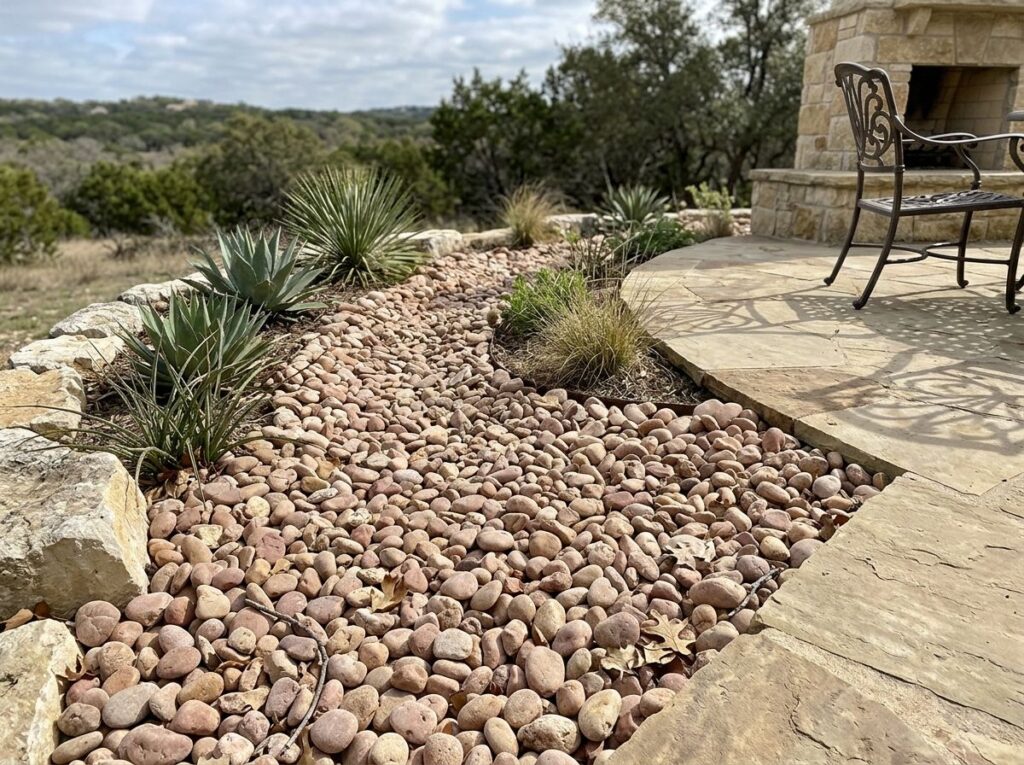 Arizona River Rock river rock ground cover with smooth mixed tan and gray stones piled for landscaping.