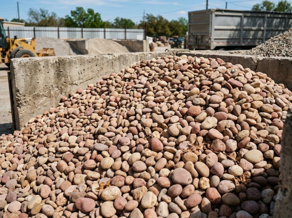 Arizona River Rock river rock ground cover with smooth tan and gray stones spread in a landscaped bed.