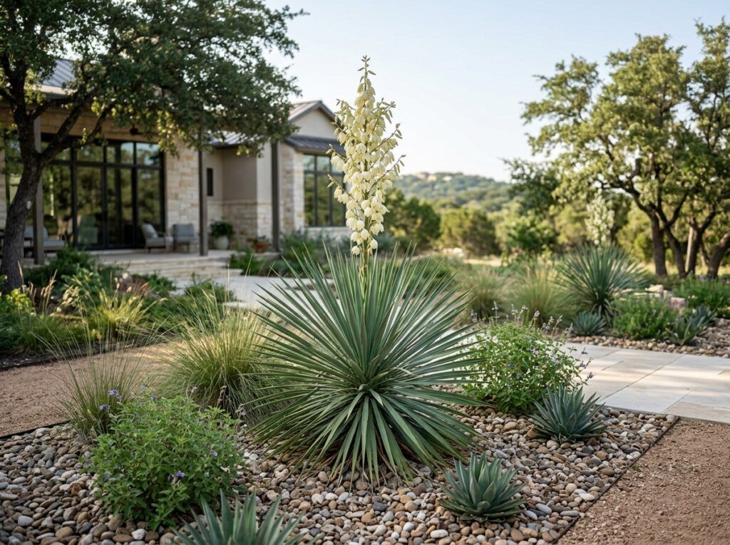 Arkansas Yucca perennial with dense rosette of stiff blue-green, swordlike leaves in landscape bed.