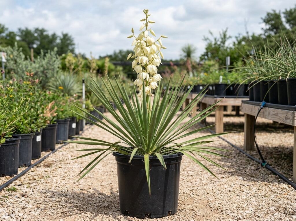 Arkansas Yucca perennial with spiky blue-green rosette leaves in a landscape bed.