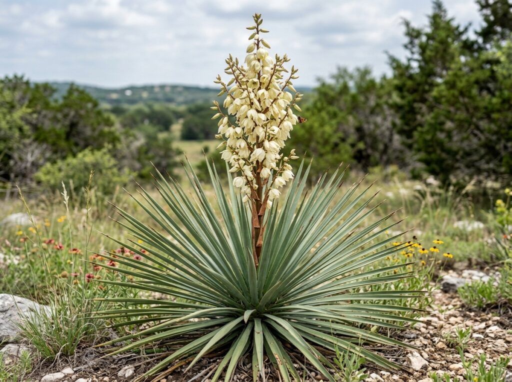 Arkansas Yucca plant with blue-green, spiky leaves growing in a black nursery container.