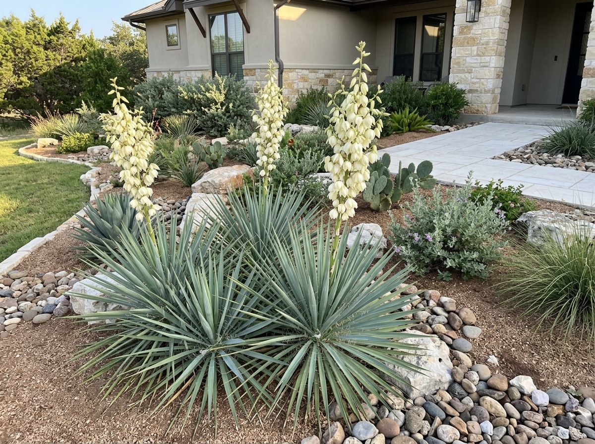 Arkansas Yucca with spiky blue-green leaves growing in a clump in a landscape bed.