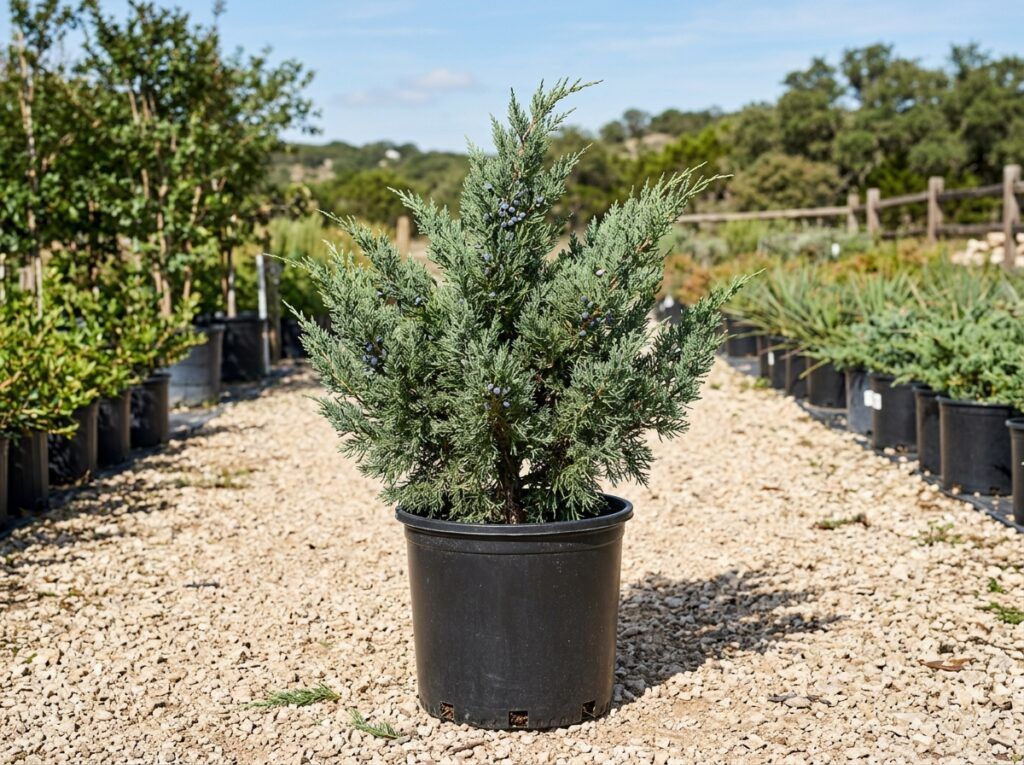 Ashe Juniper evergreen tree in a black nursery container with dense green foliage.