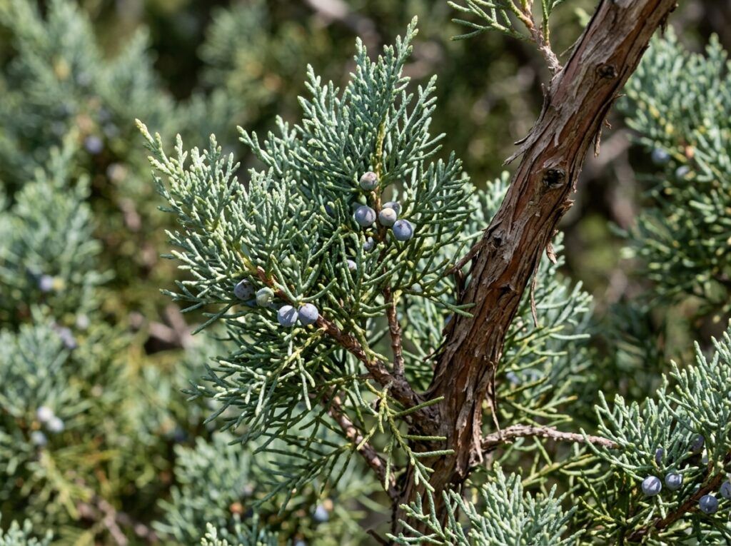 Ashe Juniper tree in a black nursery pot, dense green needle-like foliage on a small upright trunk.