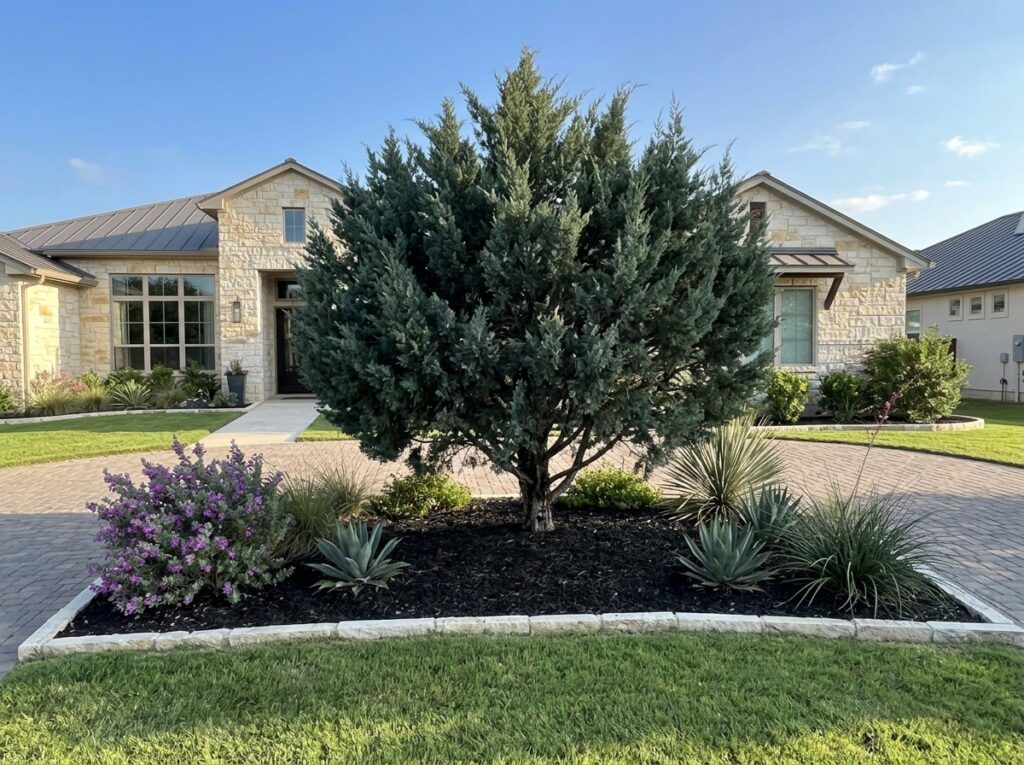 Ashe Juniper tree with dense gray-green evergreen foliage in a nursery container on a white background.