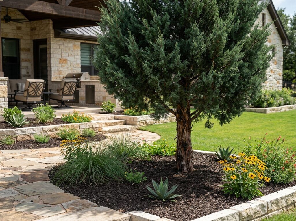 Ashe Juniper tree with dense green foliage shown in a nursery container.