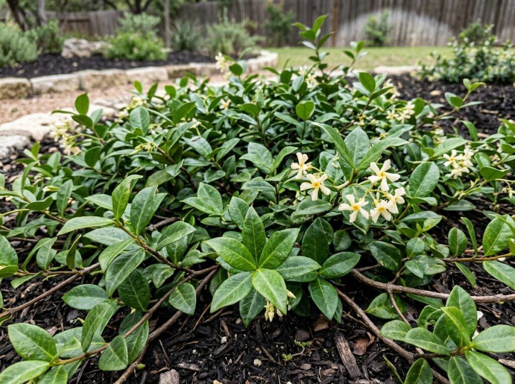 Asiatic Jasmine groundcover in a black nursery pot with trailing green vines and glossy leaves.