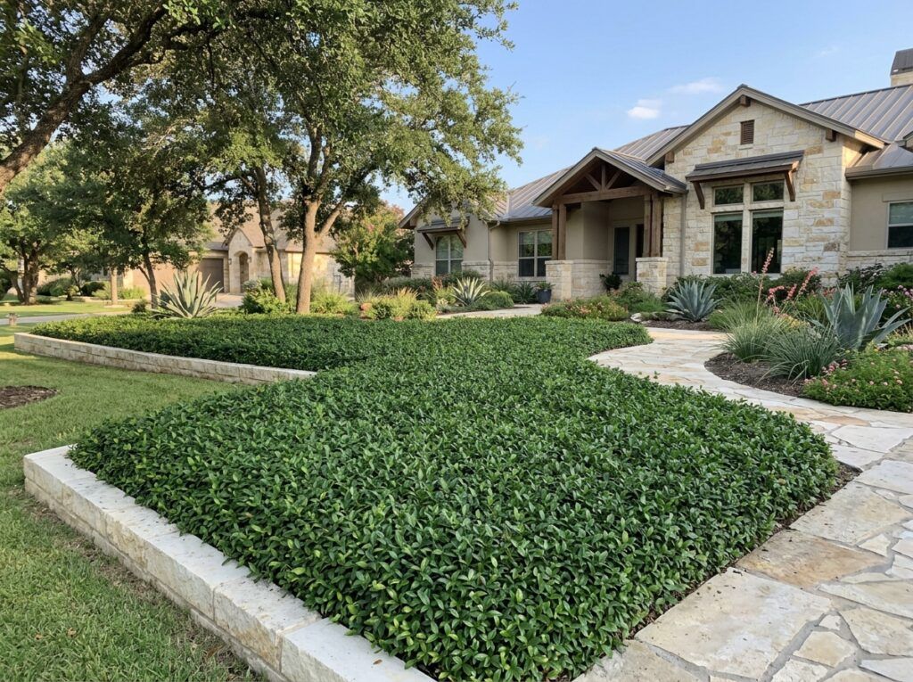 Asiatic Jasmine groundcover forming a dense green mat with small glossy leaves in a landscape bed.