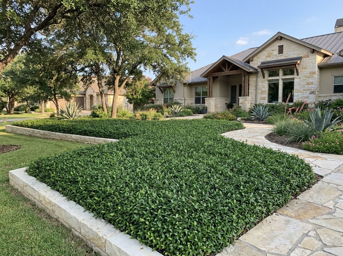 Asiatic Jasmine groundcover forming a dense green mat with small glossy leaves in a landscape bed.
