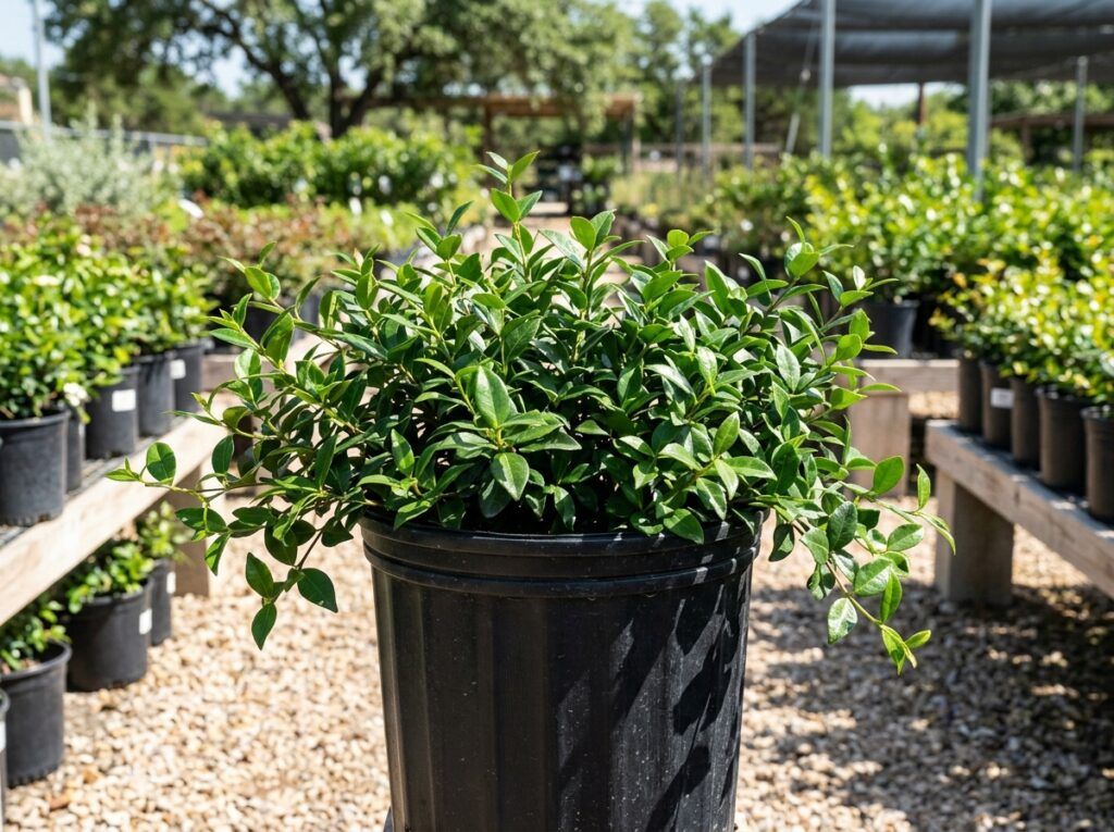 Asiatic Jasmine groundcover in a nursery pot, dense glossy green foliage spilling over the rim.