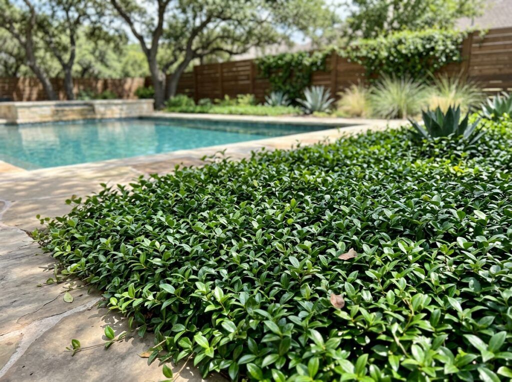 Asiatic Jasmine groundcover with dense glossy green leaves spreading in a low mat.
