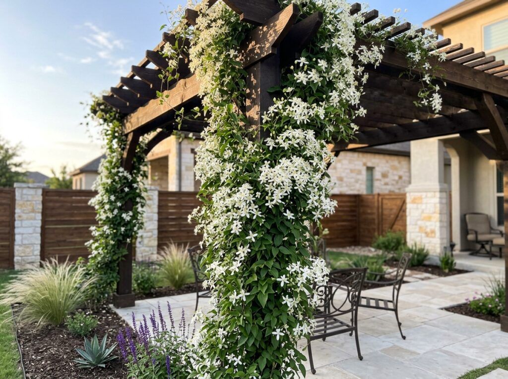 Autumn Clematis vine covered in small white star-shaped flowers with green foliage on a trellis.