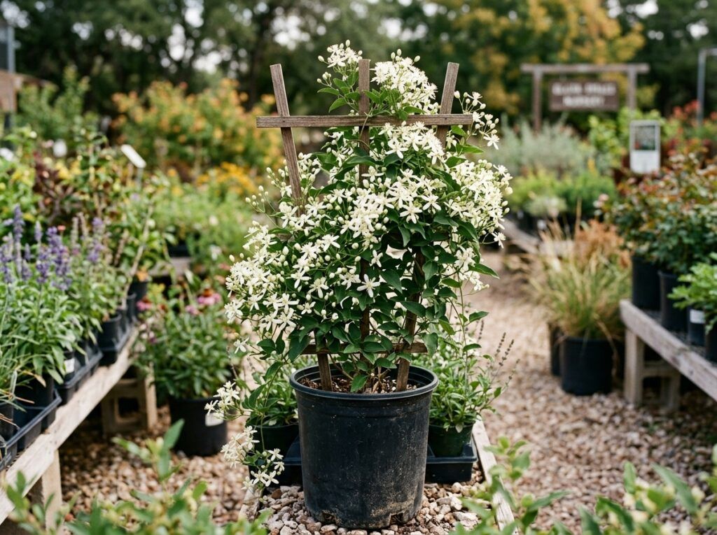Autumn Clematis vine with small white star-shaped flowers and green foliage climbing a support in a nursery pot.