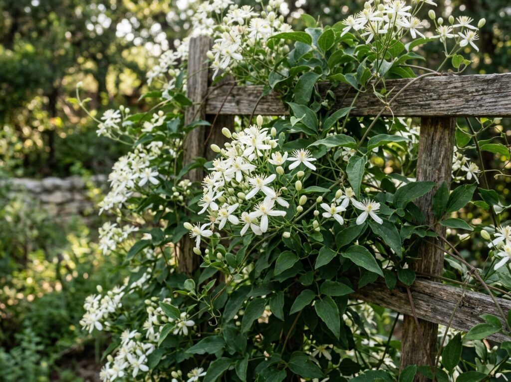Autumn Clematis vine covered in small white star-shaped flowers on lush green foliage.